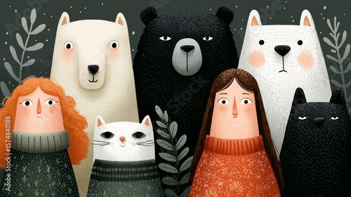 Group of friends and wildlife unite in a vibrant forest gathering during a chilly evening of autumn