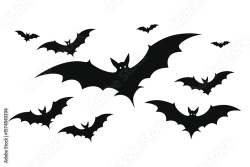 Silhouette of Flying Bats Against White Background, Spooky Night Decoration, Halloween Inspiration