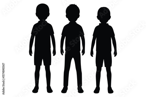 Silhouette of Three Boys Standing Side by Side Wearing TShirts and Shorts or Pants