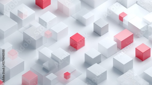 Abstract 3D illustration of geometric cubes in various sizes and colors, featuring transparent and solid elements, creating a modern and dynamic visual composition with depth