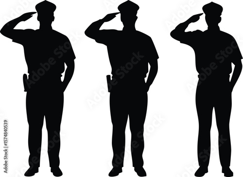 Silhouette of Three Policemen in Uniform Saluting, Isolated on White Background