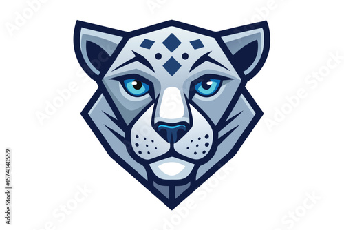 Bold snow leopard head with piercing blue eyes stares intensely at the viewer