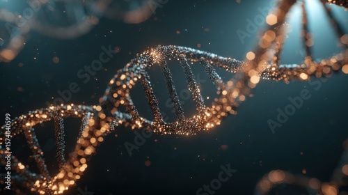 3D illustration of a glowing DNA double helix structure, showcasing intricate details and shimmering particles against a dark background, representing genetic science and molecular biology concepts