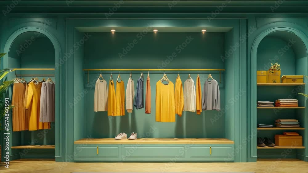 Luxury fashion store interior with stylish clothing neatly hung on golden racks, surrounded by green walls and elegant decor