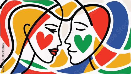 Abstract illustration of two faces with heart shapes and colorful geometric patterns behind them