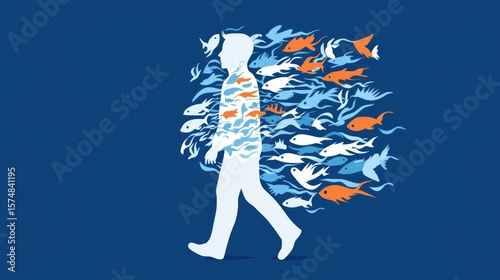 A stylized illustration of a person walking amidst vibrant, flowing fish, symbolizing connection to nature.