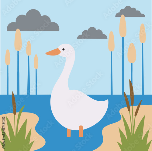 Goose Standing Near Pond With Reeds