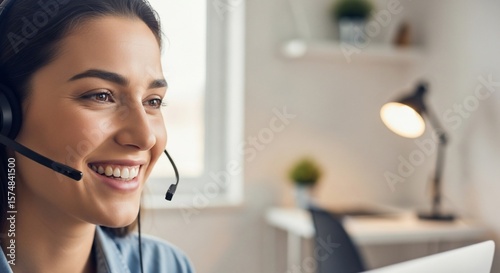 Smiling Customer Service Representative with Headset in Bright Office