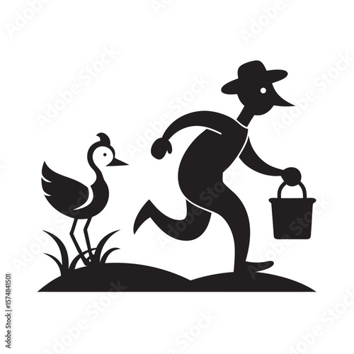 Farmer Holding Bucket With Goose Silhouette