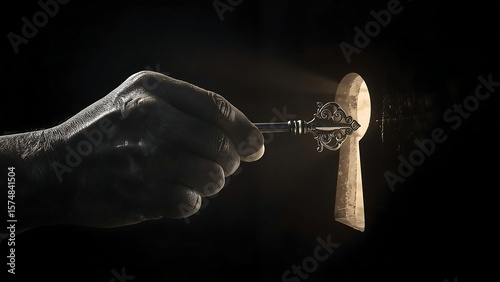 The black and white image shows a hand holding a key and pointing at a door through the keyhole, representing curiosity and the desire to know.