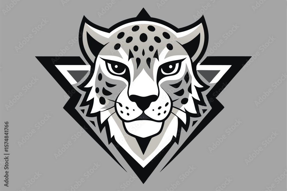 Obraz premium Spotted snow leopard's face peers out from the layered geometric shape on gray background