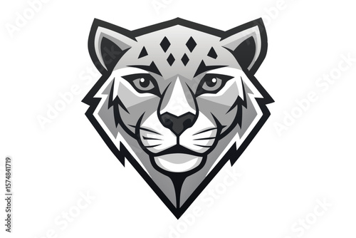 Gray snow leopard head has bold outlines and sharp geometric features