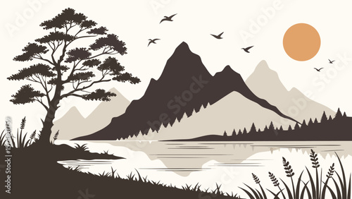 Serene minimalist landscape illustration: tranquil lake reflecting majestic mountains, solitary tree, and a warm sunset; peaceful, calming, and nature-inspired design.