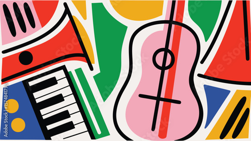 Abstract musical instruments with piano guitar and trumpet in a colorful flat design style art