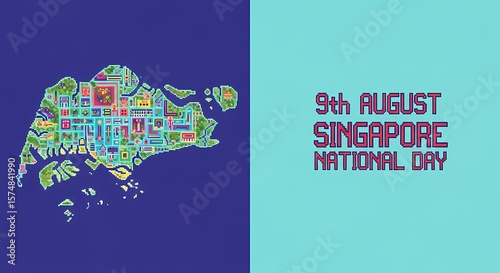 A pixelated map of Singapore, celebrating National Day on August 9th.