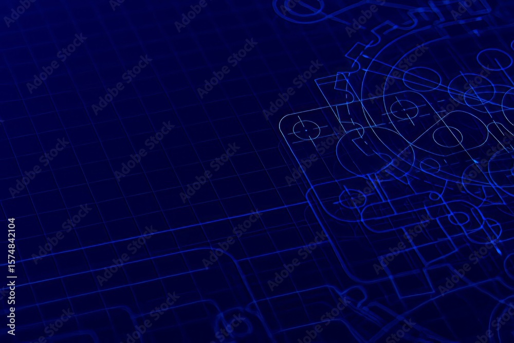 Obraz premium Detailed Technical Blueprint on Deep Blue Backdrop, Features Engineering Diagrams with Lines, Circles, and Grid Patterns for Abstract Industrial Design