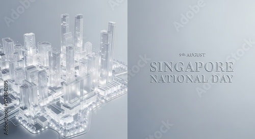 A stylized, illuminated cityscape model with the text 