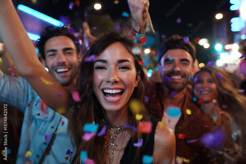 Fototapeta premium Happy young friends celebrating with colorful confetti at a lively night party in the city