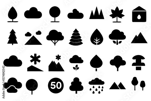 Collection of Nature Icons Trees, Mountains, Clouds, and Weather Symbols