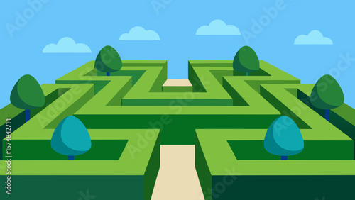 A summer landscape illustration with a green grass maze and a winding road leading to a labyrinth under a blue sky