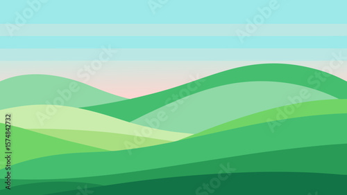 Blue sky and green hills define this landscape of mountains, fields, and water, under the summer sun with distant clouds