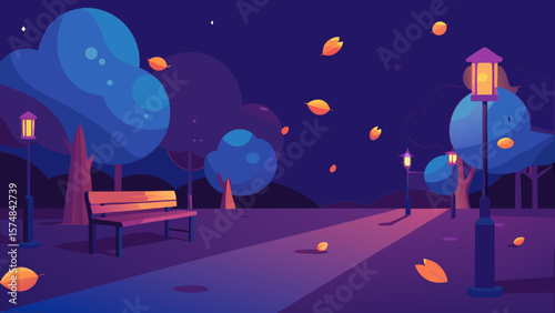 A tranquil winter night cityscape bathed in blue light, with a lone tree silhouetted against the starry sky and distant moon