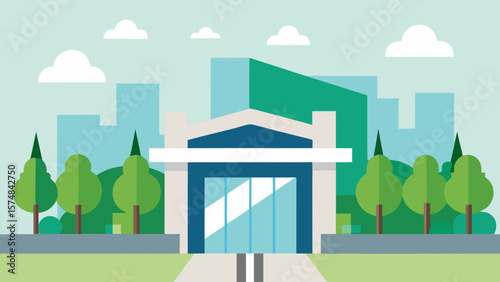 Urban vector illustration of a green city landscape with cartoon buildings, houses, and trees under a summer sky with clouds