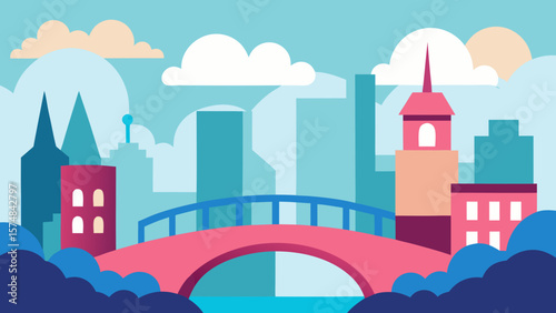 Urban vector illustration of a city building skyline with houses and trees under a cloudy sky
