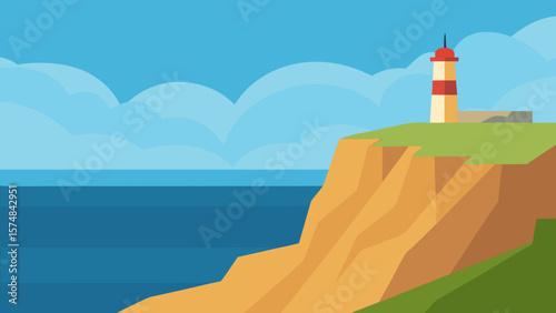 A striking white lighthouse stands as a beacon of safety on the rugged coastline, guiding ships across the vast ocean under a clear sky