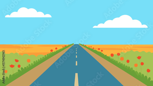 Empty asphalt road through a green summer field stretching towards the horizon under a cloudy sky
