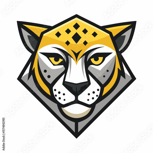 Stylized cheetah head inside a diamond shape has yellow and gray coloring with spots