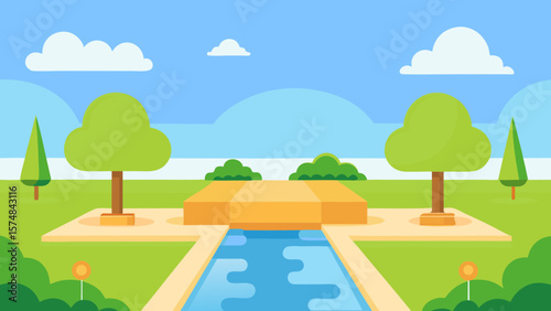Vibrant summer landscape illustration with green trees, a serene lake, and a blue sky over rolling hills and meadows
