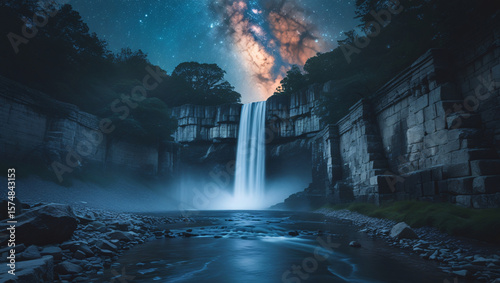 a waterfall flows into a river, surrounded by rocky cliffs and trees, with stars and a colorful sky above.