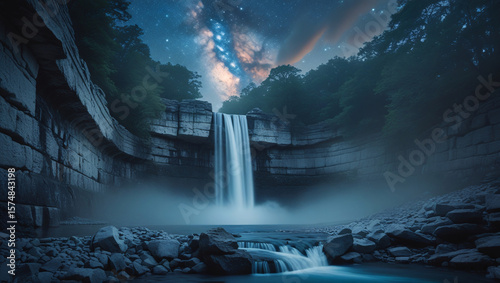 a waterfall flows into a river, surrounded by rocky cliffs and trees, with stars and a colorful sky above.