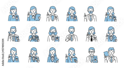 Diverse Group of Lawyers and Legal Professionals in Blue Outline Illustration.