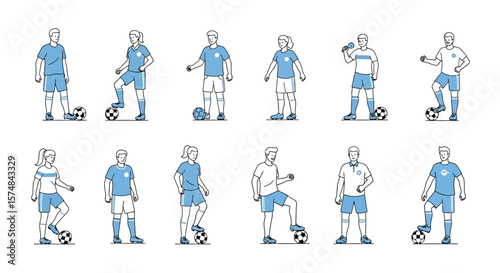 Diverse Soccer Team Lineup Minimalist Illustration of Players with Ball.