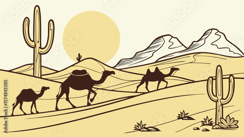 Desert landscape illustration: three camels traversing sandy dunes under a setting sun, silhouetted against majestic mountains and towering cacti; vintage, nostalgic mood.