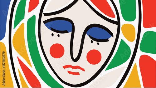 Abstract portrait of a woman with colorful geometric shapes surrounding her face in a modern style