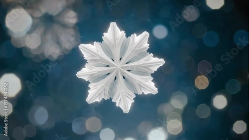 A rotating 3D snowflake with soft glowing edges over a deep blue background with bokeh lights

