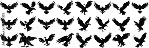 Collection of silhouetted eagles in various poses depicting freedom power and grace ready to soar against a clean white background