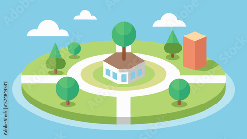 Vector illustration of a charming village house with green trees and a clear sky, perfect for a summer landscape design