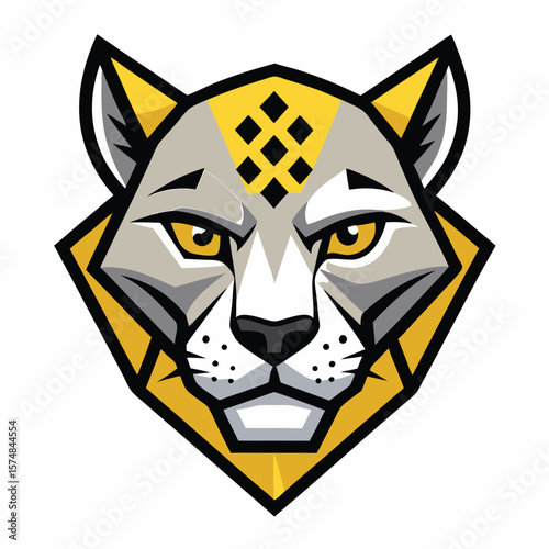Stylized cougar head with a gray face and a diamond pattern looks forward