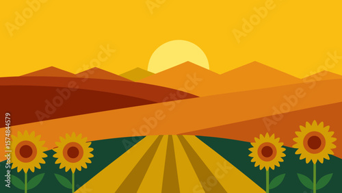 Vibrant summer landscape with sunflowers, a golden field stretching towards the horizon under a warm sky at sunset