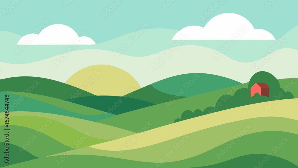 Fototapeta premium Vector cartoon illustration of summer mountain landscape with green hills, fields, and a blue sky with clouds