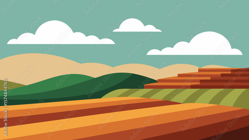 Obraz premium Vector illustration of a vibrant summer rural landscape with green fields, blue sky, and rolling hills