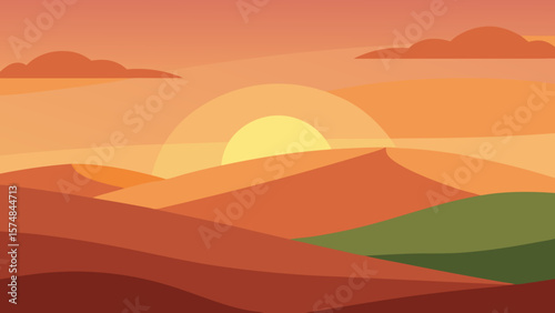 Vibrant orange sunset over desert mountains and sand, with a lone tree silhouette against the horizon