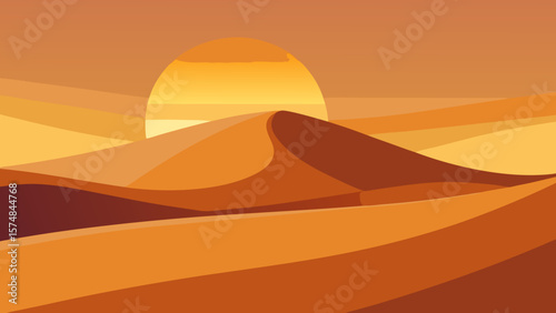 Vibrant orange hues illuminate the desert landscape as the sun sets over the dunes, casting long silhouettes across the dry sand