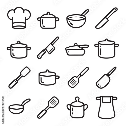 A collection of black and white line art icons representing various kitchen utensils and cookware for culinary preparation