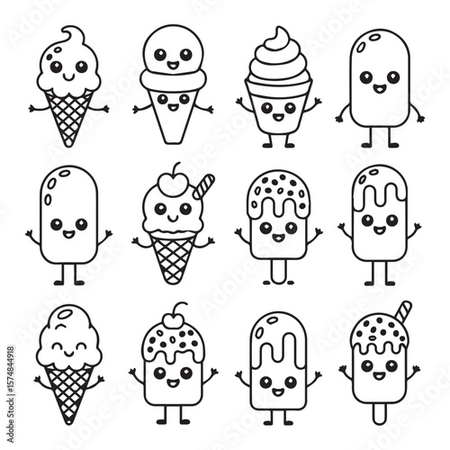 A delightful collection of cute, cartoonstyle black and white line art icons depicting various happy ice cream treats and popsicles