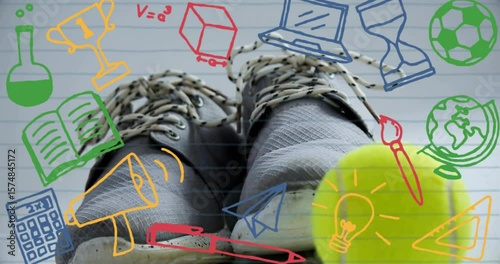 Showing grey sneakers, doodles appearing on lined paper, rolling neon tennis ball framing education
